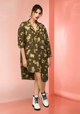 Olive Green Floral Print Cotton Dress