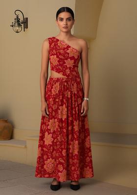 Red Floral Print Cotton Dress