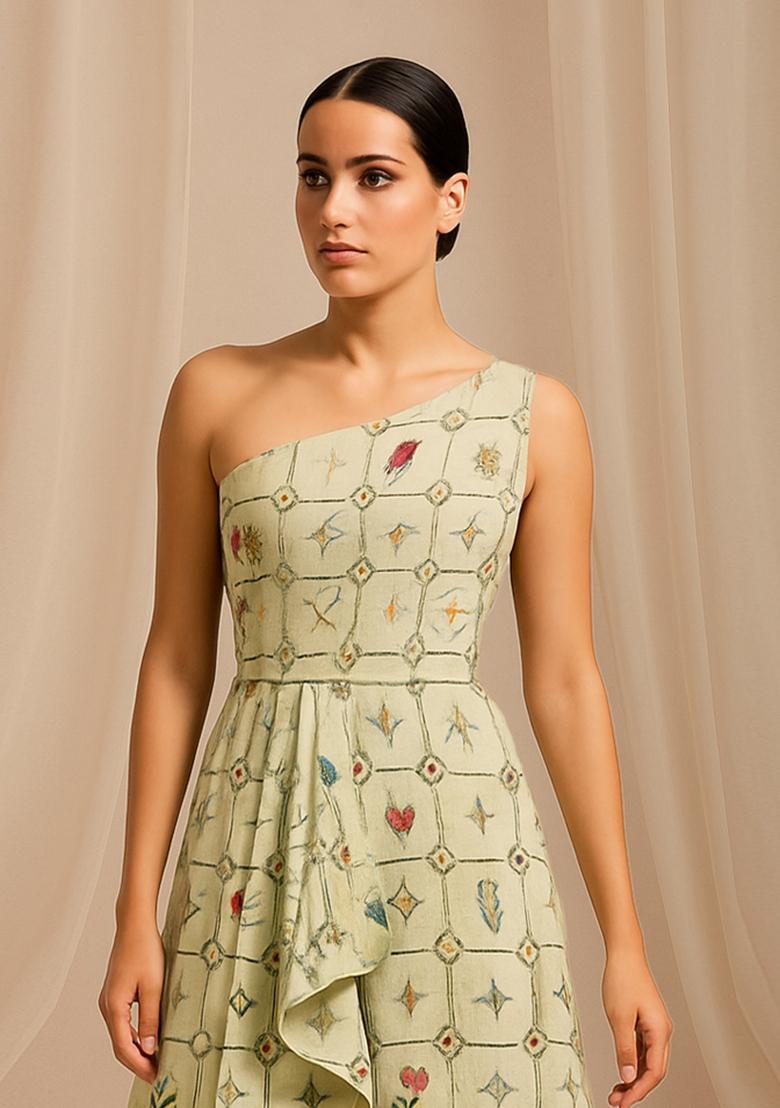 Green Abstract Print Cotton Dress - Indya