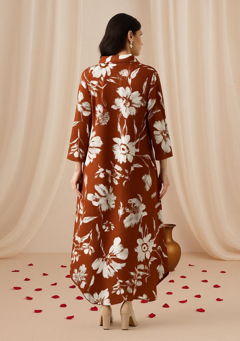 Brown Floral Print Cotton Dress - Indya