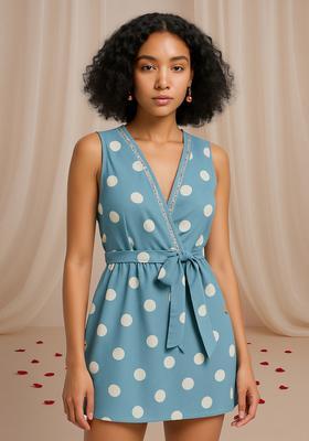 Blue Polka Dot Print Cotton Dress