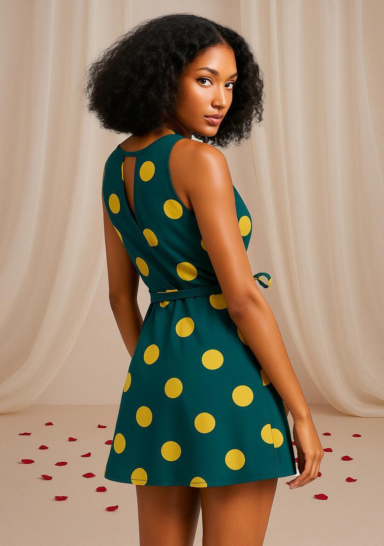 Teal Green Polka Dot Print Cotton Dress - Indya