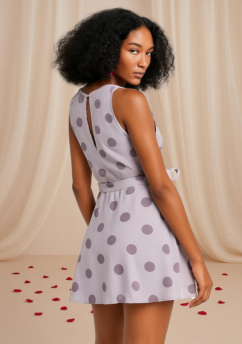 White Polka Dot Print Cotton Dress - Indya