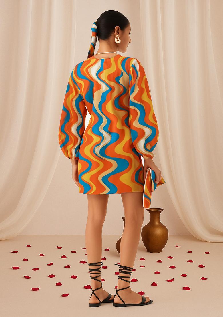 Multi Color Abstract Print Cotton Dress - Indya