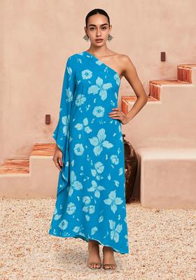 Blue Floral Print Georgette Dress