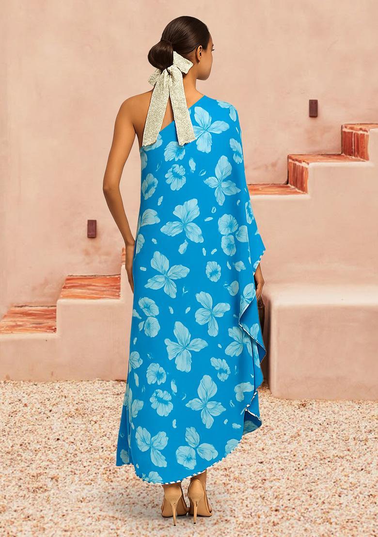 Blue Floral Print Georgette Dress - Indya