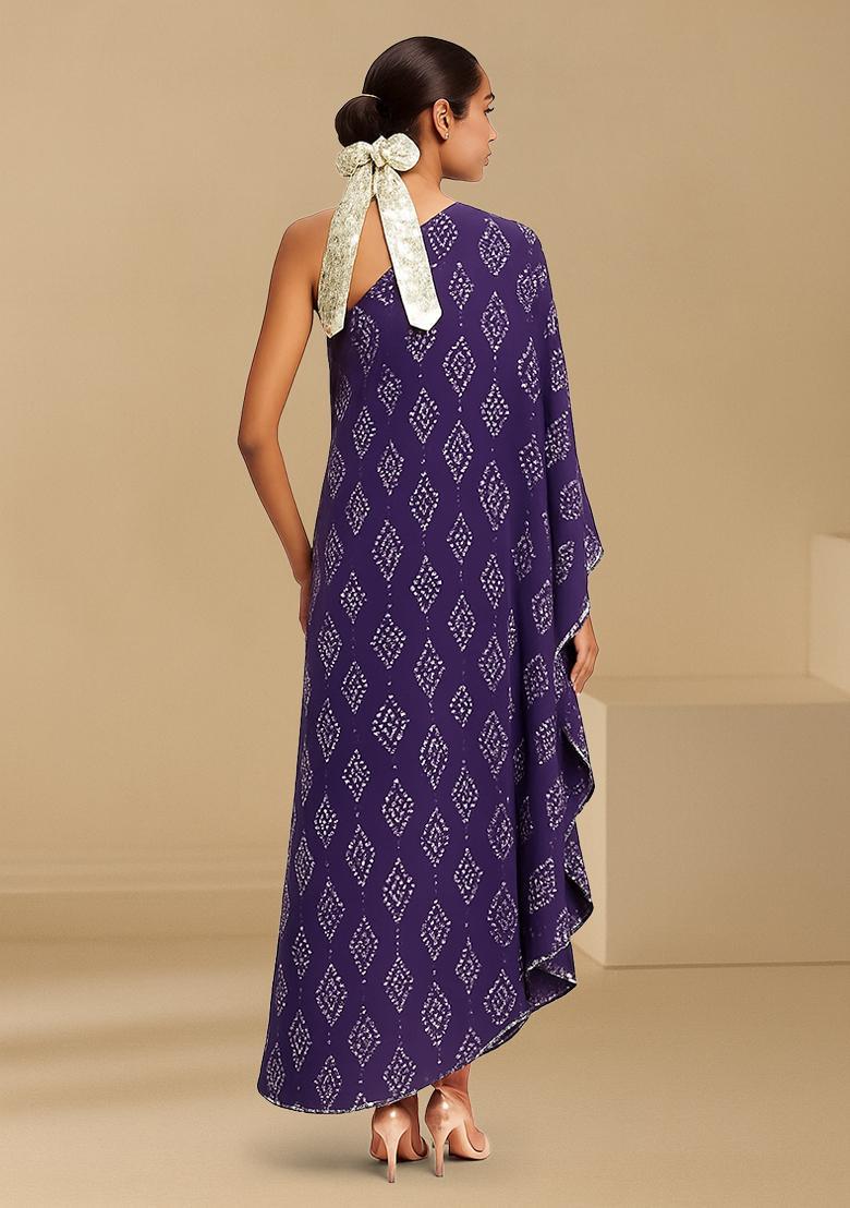 Purple Bandhani Print Chanderi Dress - Indya
