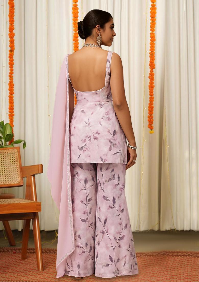 Pink Floral Print Satin Fusion Set - Indya