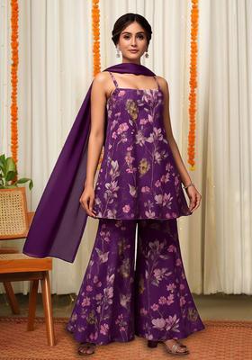 Purple Floral Print Chiffon Fusion Set