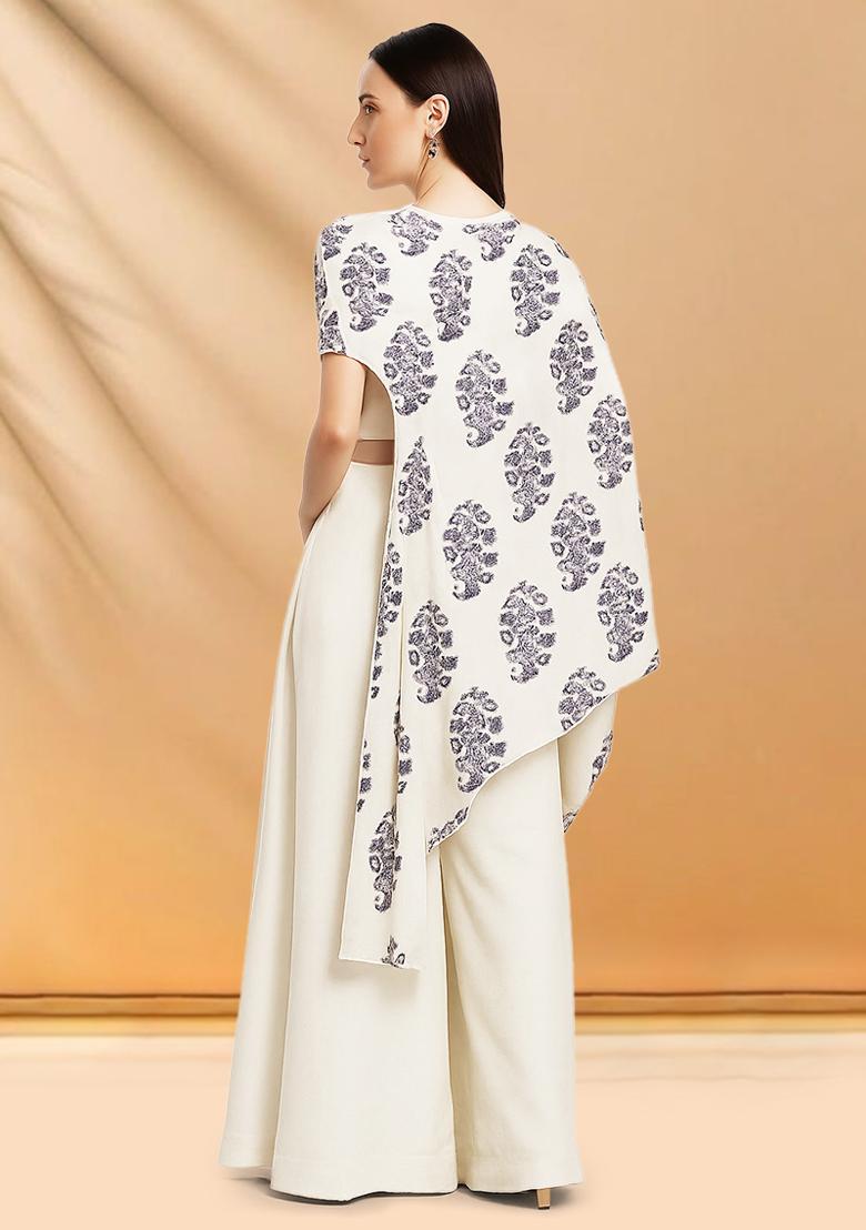 White Floral Print Satin Fusion Set - Indya