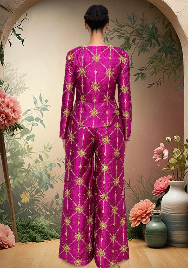Wine Emroidered Silk Blend Fusion Set - Indya