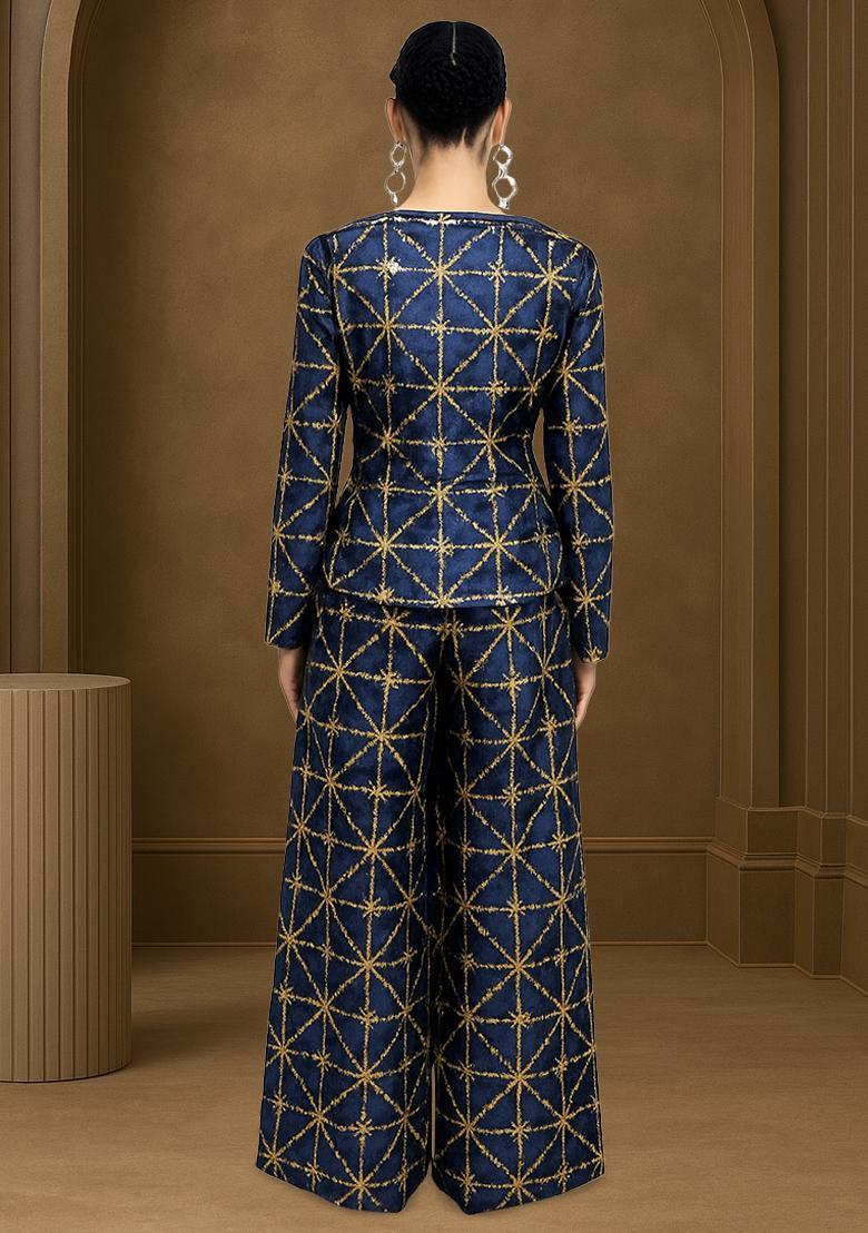 Black Emroidered Silk Blend Fusion Set - Indya