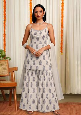 White Floral Print Satin Fusion Set