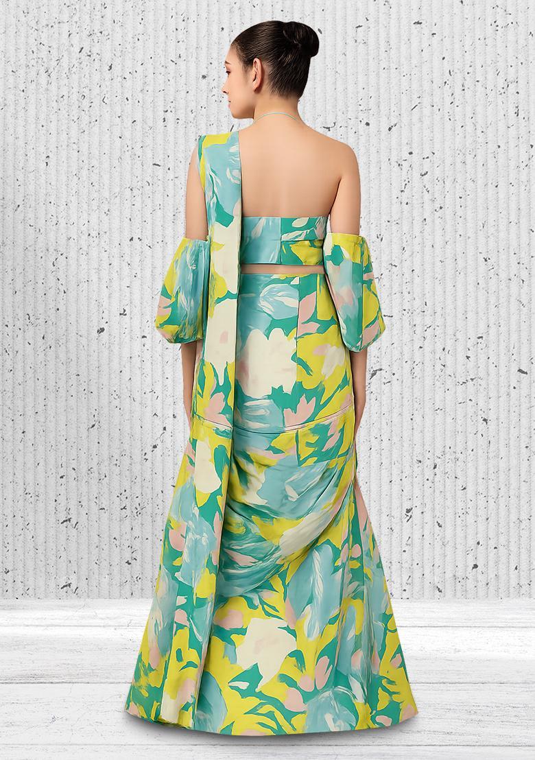 Multi Color Floral Print Satin Lehenga Set - Indya