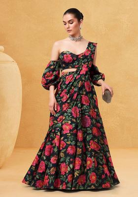Black Floral Print Satin Lehenga Set