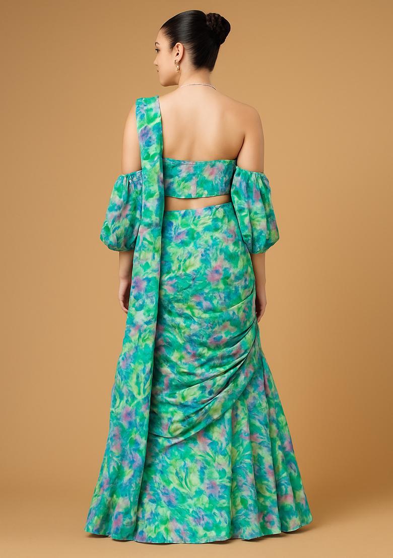 Multi Color Floral Print Satin Lehenga Set - Indya