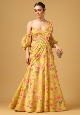 Yellow Floral Print Chiffon Lehenga Set