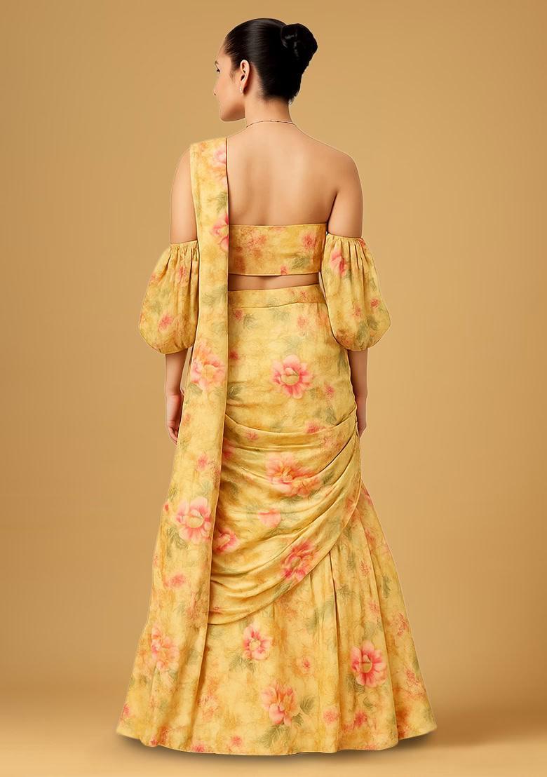 Yellow Floral Print Chiffon Lehenga Set - Indya