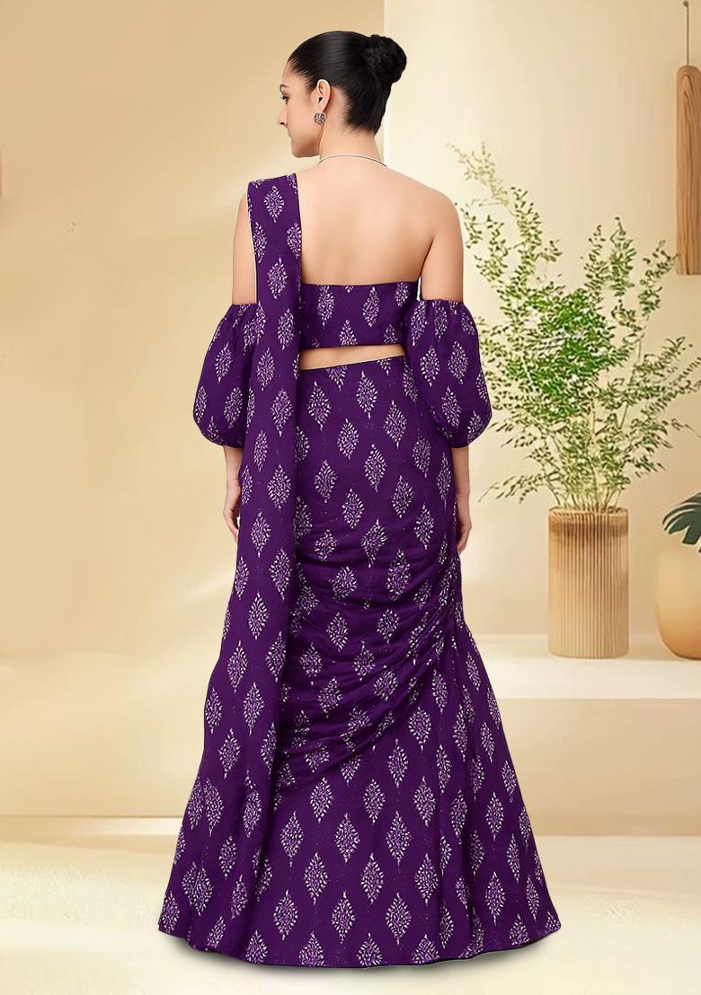 Purple Bandhani Print Chanderi Lehenga Set - Indya