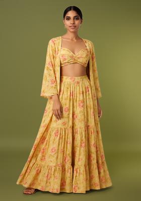 Yellow Floral Print Chiffon Lehenga Set