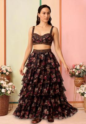 Maroon Floral Print Satin Lehenga Set