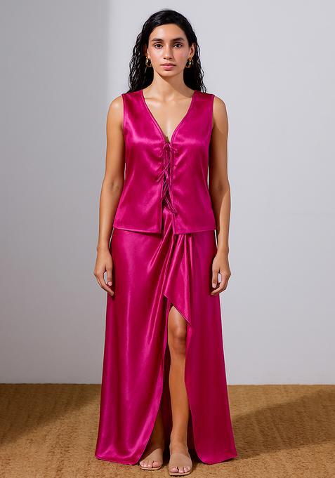 Pink Foil Print Satin Fusion Set