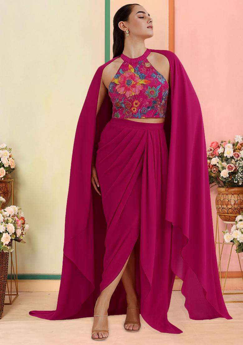 Rani Pink Floral Print Viscose Fusion Set - Indya