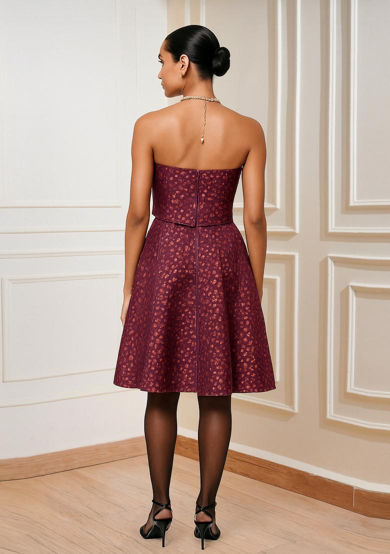 Burgundy Brocade Dress - Indya