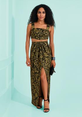 Black Brocade Crop Top And Skirt Set