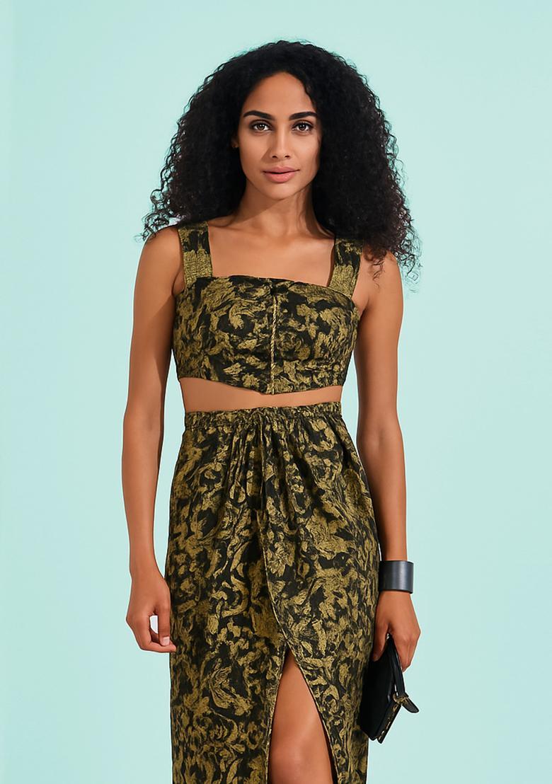 Black Brocade Crop Top And Skirt Set - Indya