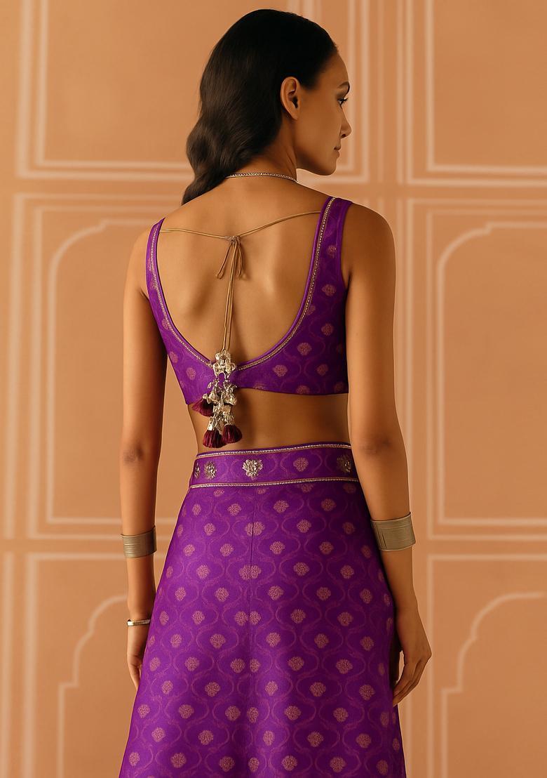 Purple Brocade Crop Top And Skirt Set - Indya