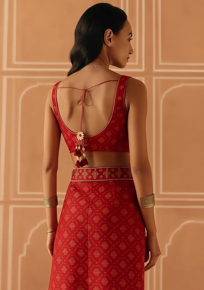 Red Brocade Crop Top And Skirt Set - Indya