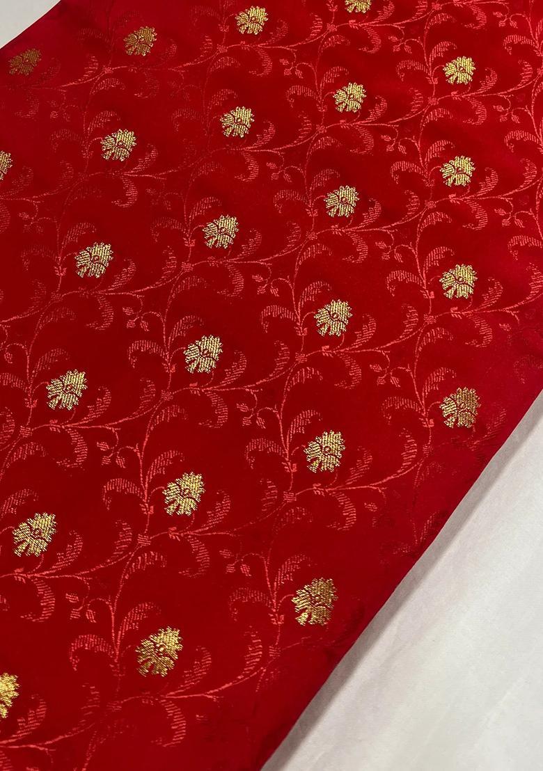 Red Brocade Crop Top And Skirt Set - Indya