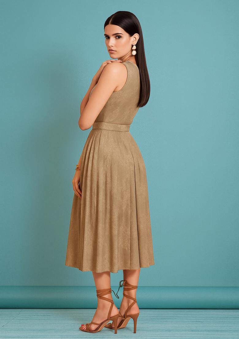 Caramel Brown Georgette Textured Dress - Indya