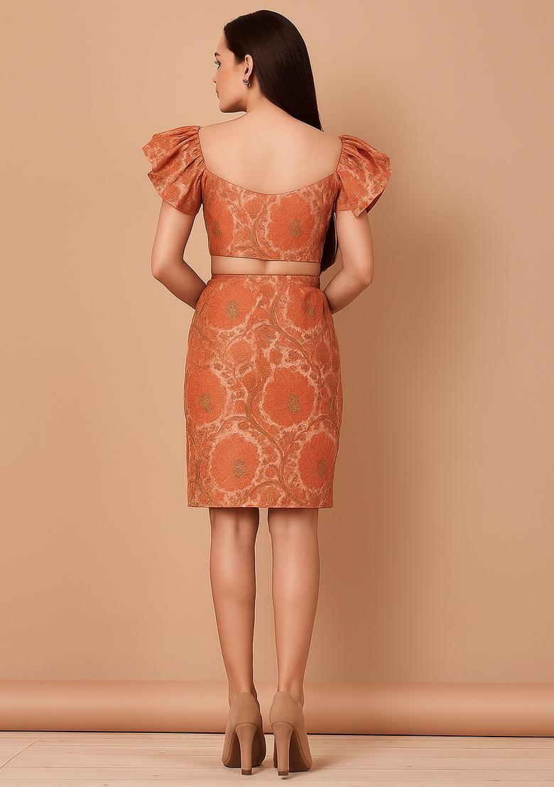 Orange Brocade Dress - Indya