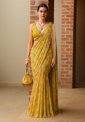 Yellow Floral Print Chiffon Pre Draped Saree Set