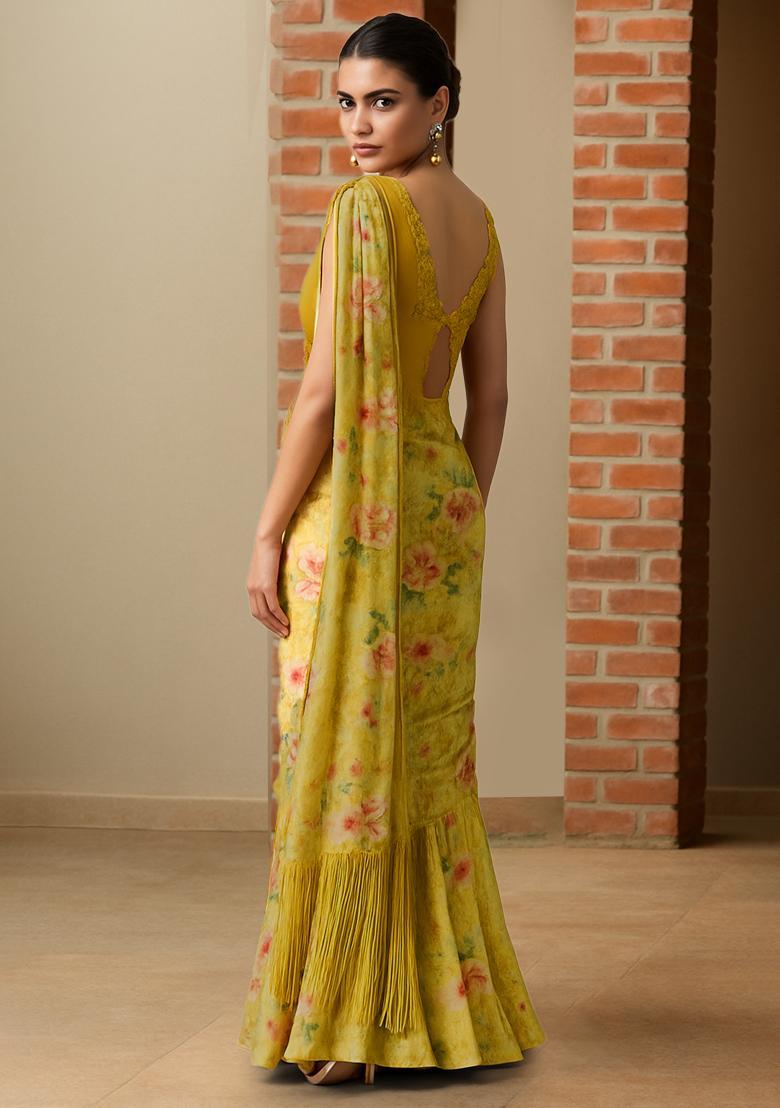 Yellow Floral Print Chiffon Pre Draped Saree Set - Indya