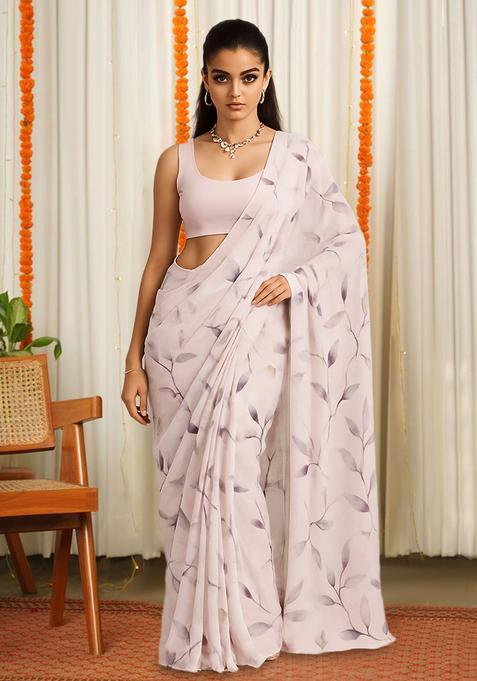 Pink Floral Print Satin Pre Draped Saree Set