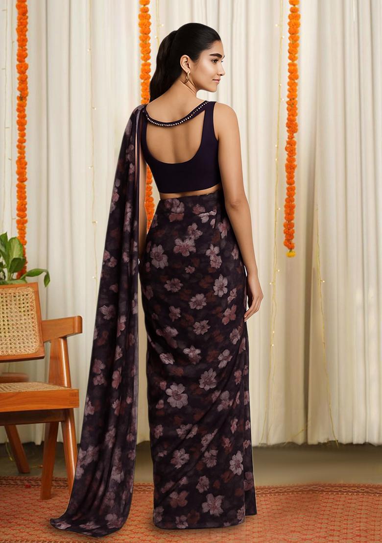 Maroon Floral Print Satin Pre Draped Saree Set - Indya