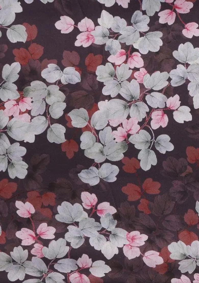 Maroon Floral Print Satin Pre Draped Saree Set - Indya