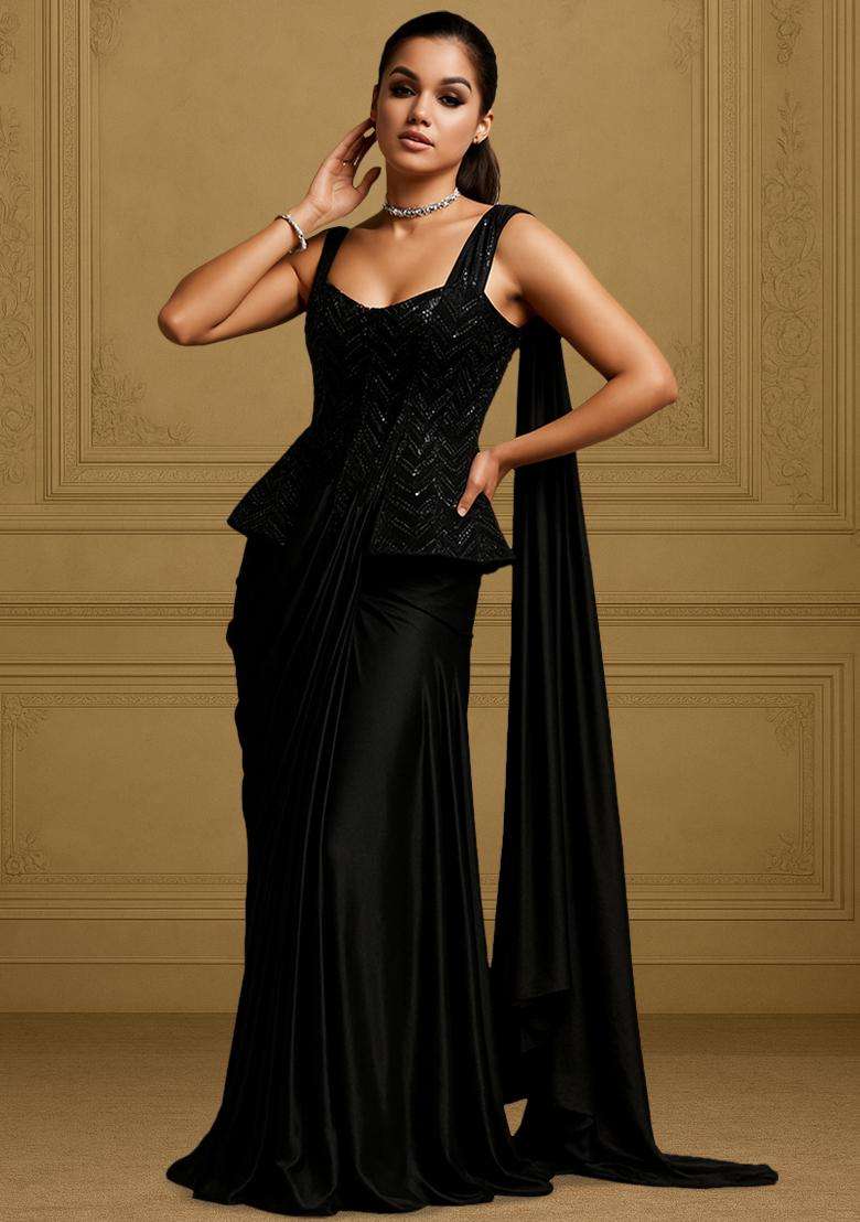 Black Embroidered Net Pre Draped Saree Set - Indya