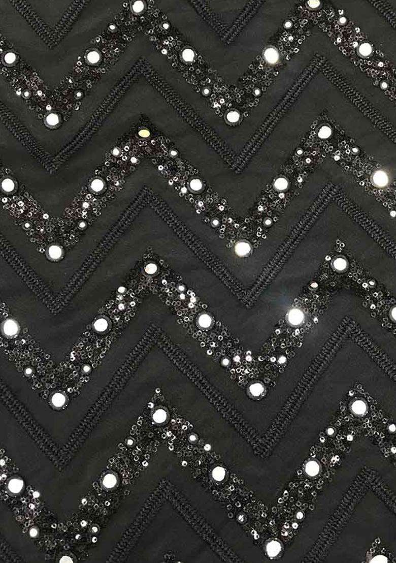 Black Embroidered Net Pre Draped Saree Set - Indya
