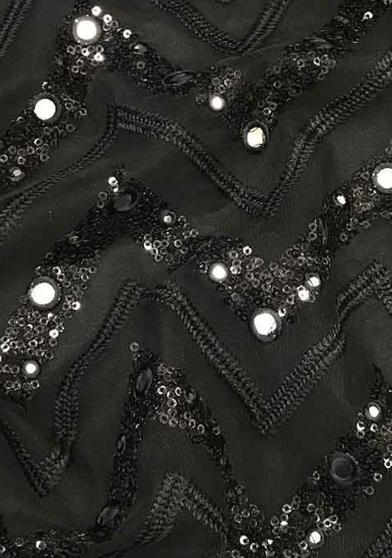 Black Embroidered Net Pre Draped Saree Set - Indya