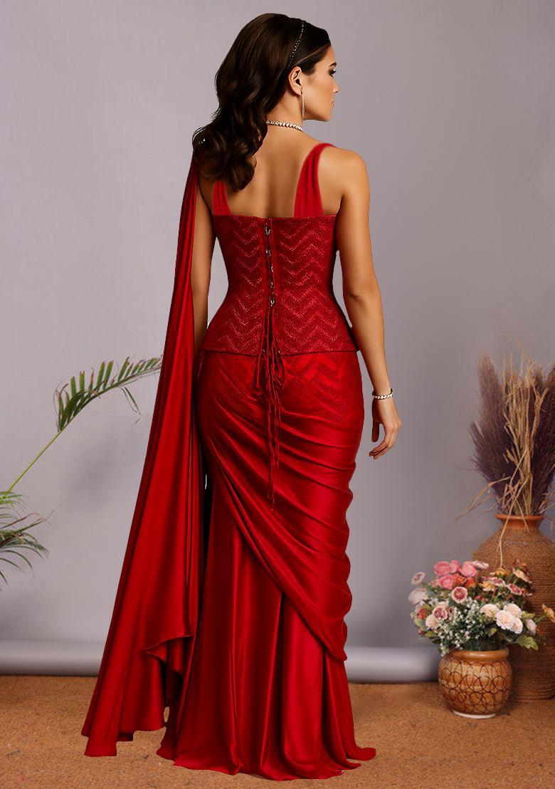 Red Embroidered Net Pre Draped Saree Set - Indya