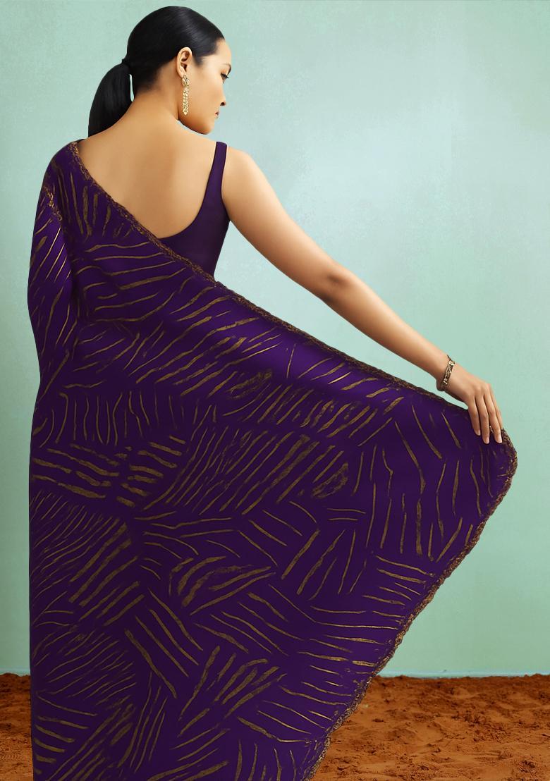 Purple Printed Chanderi Pre Draped Saree Set - Indya