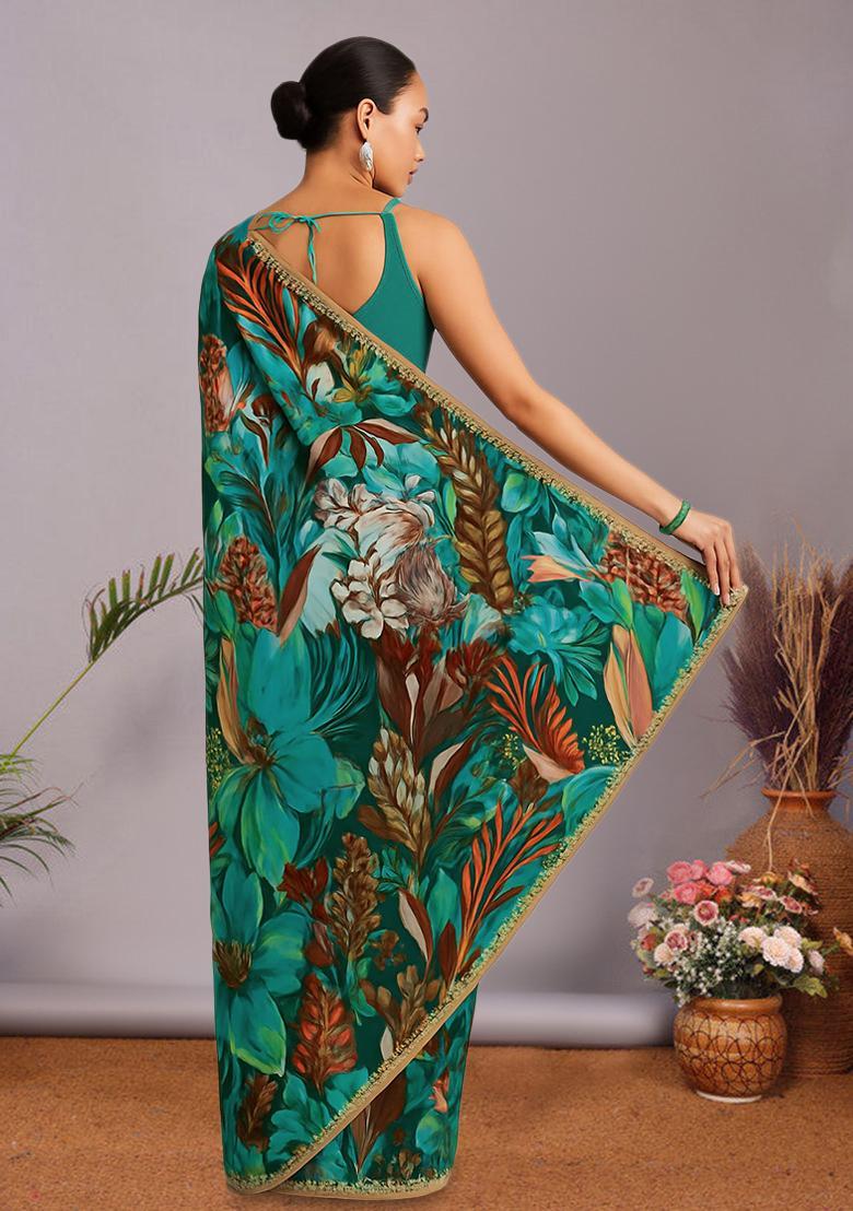 Multi Color Floral Print Chanderi Pre Draped Saree Set - Indya
