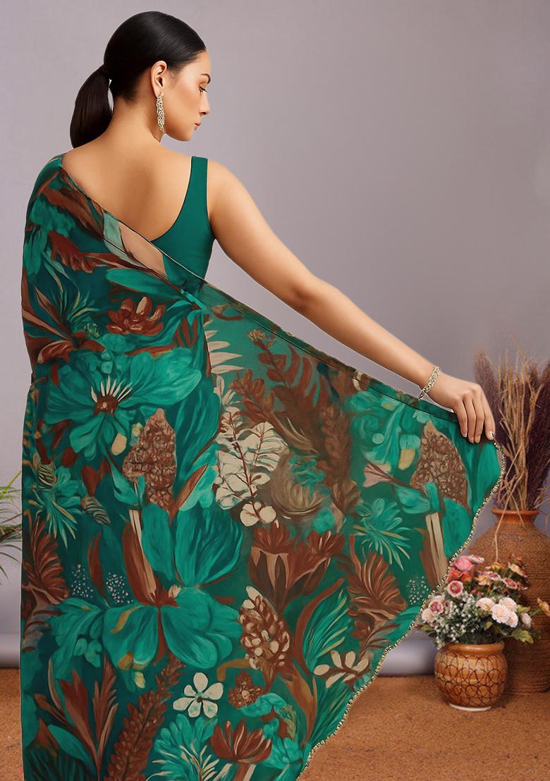 Multi Color Floral Print Chanderi Pre Draped Saree Set - Indya