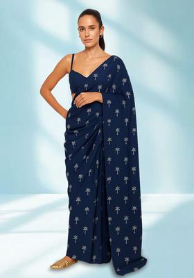 Blue Printed Chanderi Pre Draped Saree Set