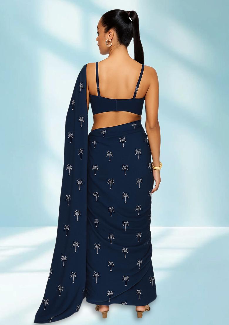 Blue Printed Chanderi Pre Draped Saree Set - Indya