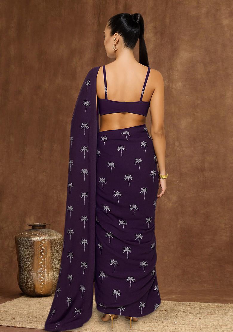 Purple Printed Chanderi Pre Draped Saree Set - Indya